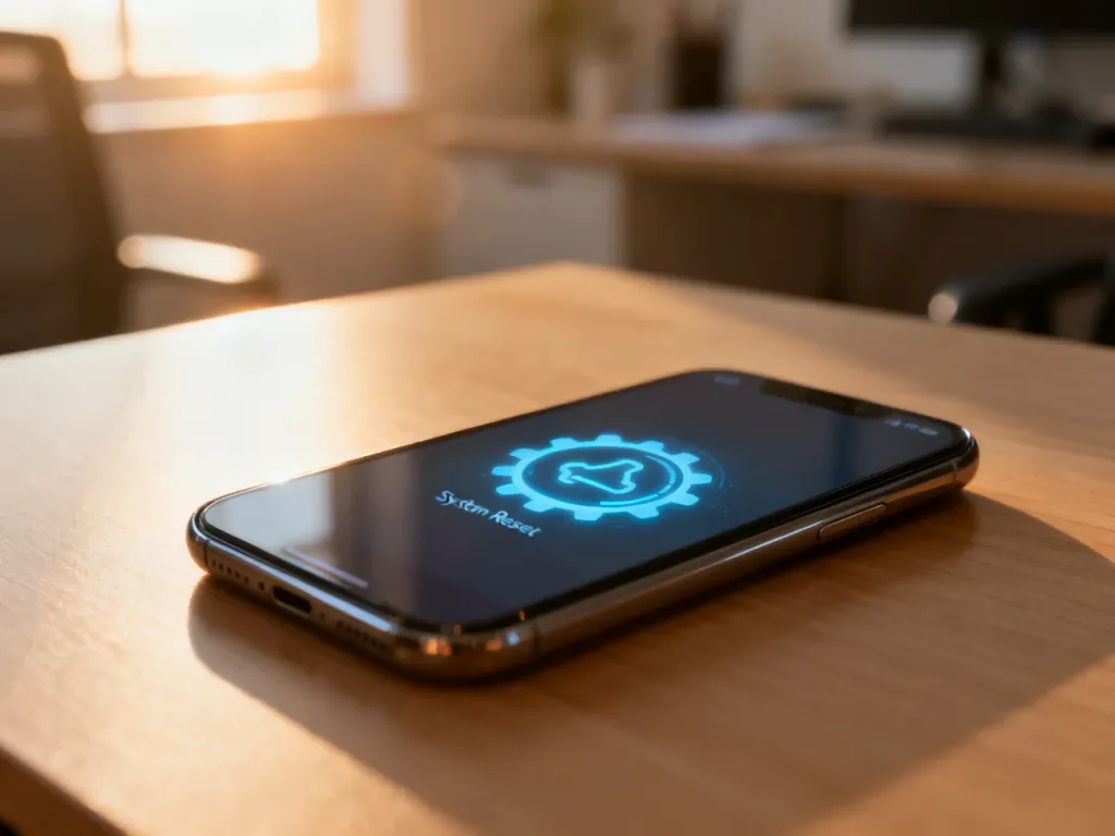 Smartfon leżący na biurku z wyświetloną ikoną resetowania systemu, symbolizującą proces przywracania ustawień fabrycznych.
