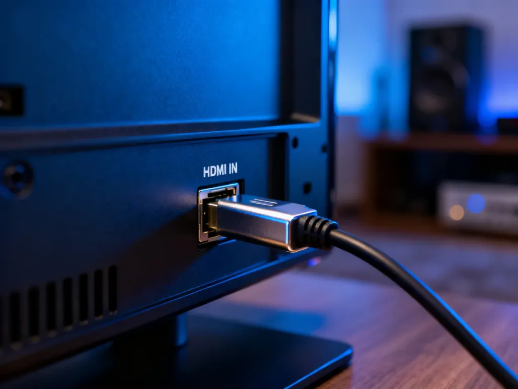 Zbliżenie na port HDMI IN w telewizorze z częściowo wpiętym kablem, ilustrujące sposób podłączenia urządzeń zewnętrznych.