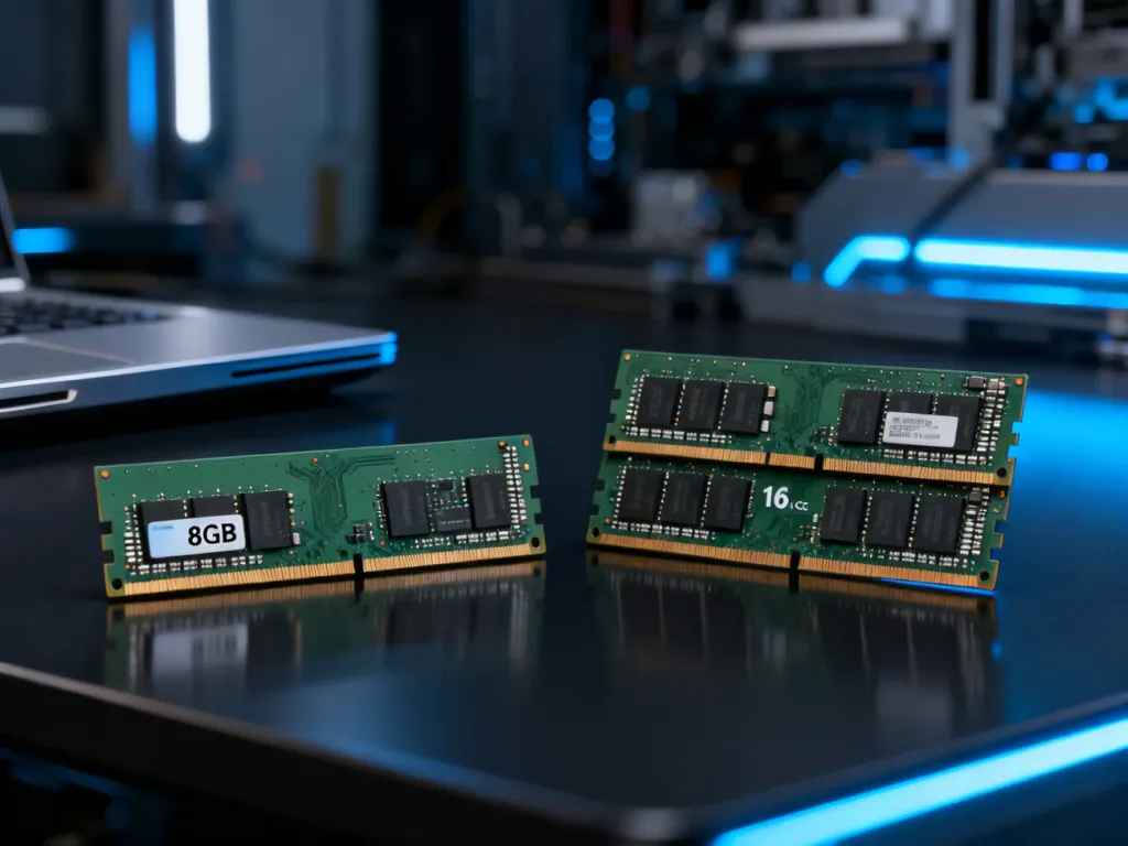 Porównanie płyt głównych laptopów z zainstalowaną pamięcią RAM 8 GB oraz 16 GB na ciemnym, nowoczesnym tle.