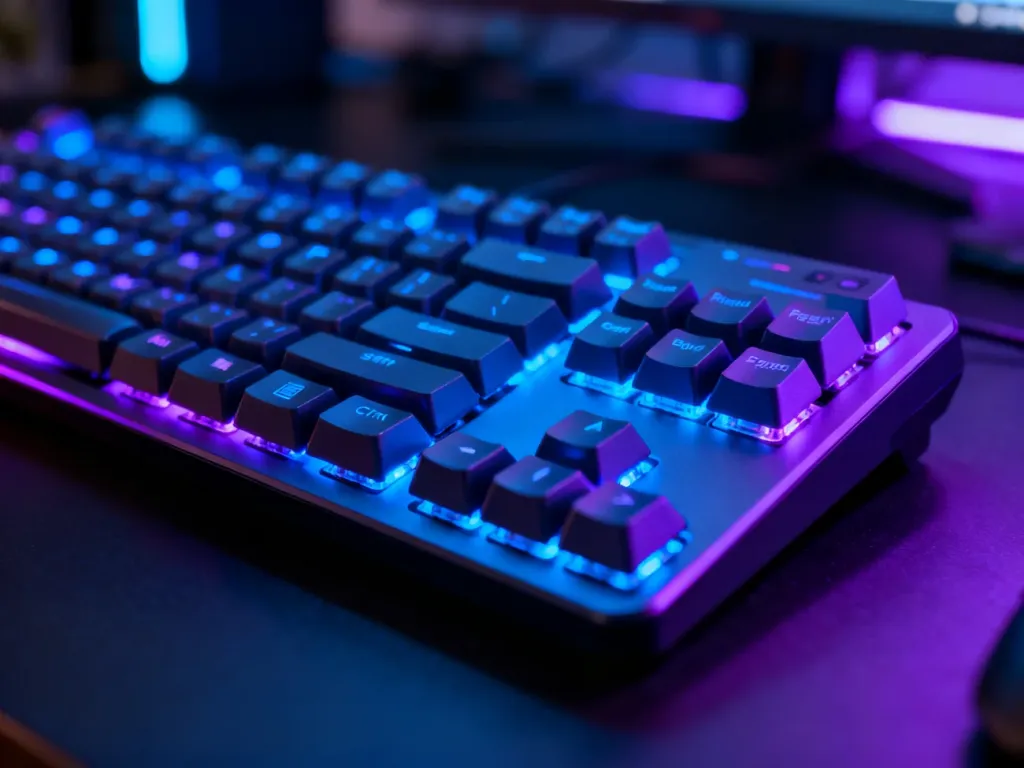 Mechaniczna klawiatura gamingowa z podświetleniem RGB w odcieniach niebieskiego i fioletu.