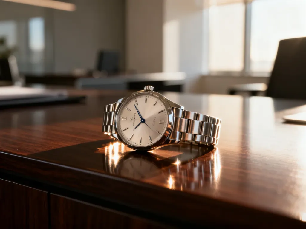 Elegancki zegarek marki Timemaster spoczywający na mahoniowym biurku w nowoczesnym biurze.