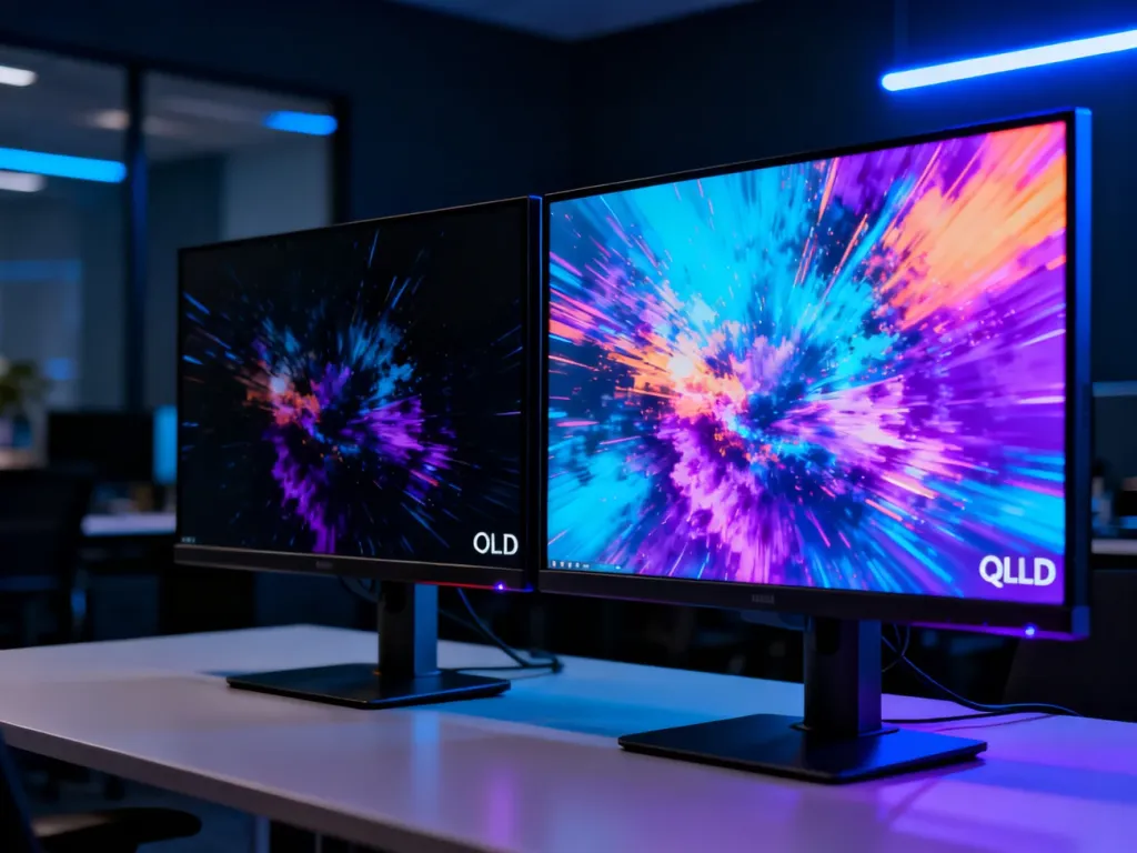 Porównanie dwóch monitorów: OLED z głęboką czernią oraz QLED z żywymi kolorami na minimalistycznym biurku.