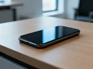 Dłoń trzymająca smartfon skierowany w stronę ekranu telewizora, obrazująca proces parowania urządzeń z Mi TV Stick.