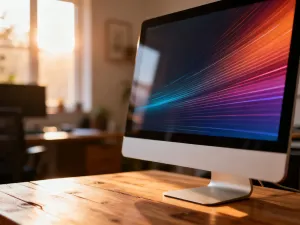 Google Home Hub na drewnianym biurku w przytulnym salonie, prezentujący aktualną pogodę i godzinę na wyświetlaczu.