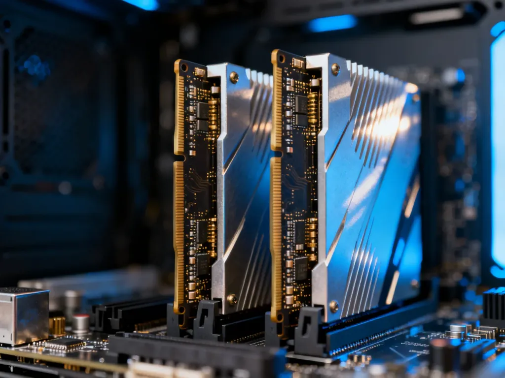 Dwie kości pamięci RAM zainstalowane w płycie głównej komputera, podkreślające konfigurację dual channel.