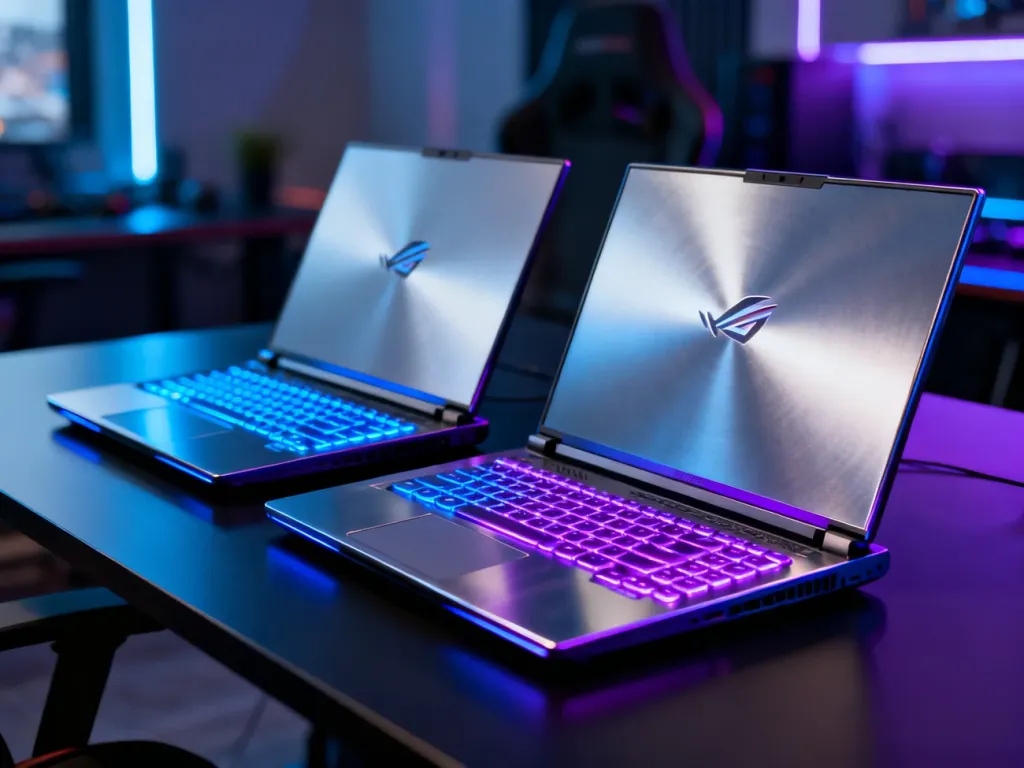 Dwa nowoczesne laptopy gamingowe z podświetlanymi klawiaturami ustawione obok siebie na ciemnym biurku.