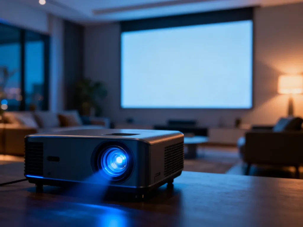 Nowoczesny projektor laserowy w domowym kinie, emitujący delikatną niebieską wiązkę światła w stronę ekranu projekcyjnego.