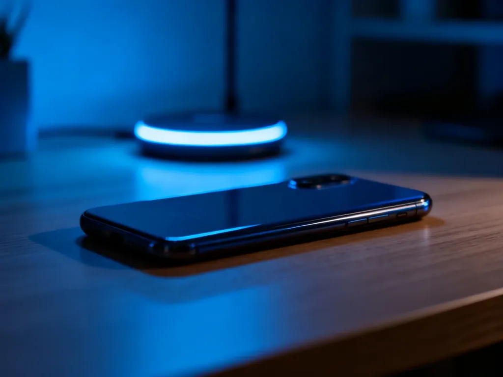 Nowoczesny smartfon leżący na drewnianym biurku obok podświetlanej ładowarki indukcyjnej w przyciemnionym pokoju.