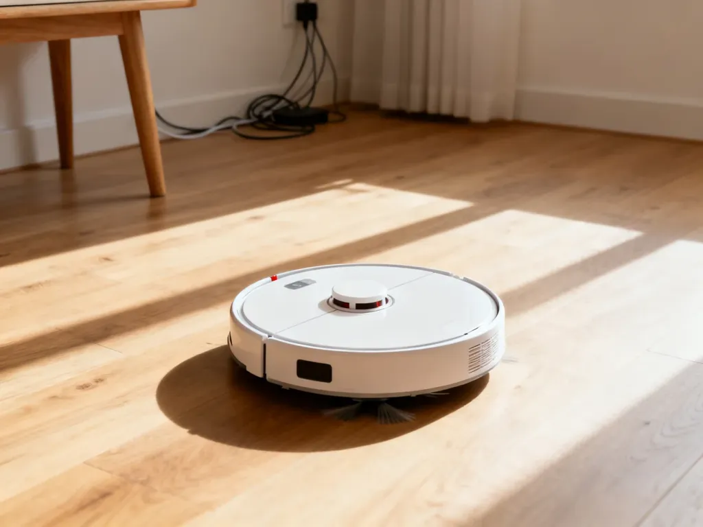 Okrągły robot sprzątający na czystej, drewnianej podłodze w uporządkowanym salonie przygotowanym do automatycznego sprzątania.