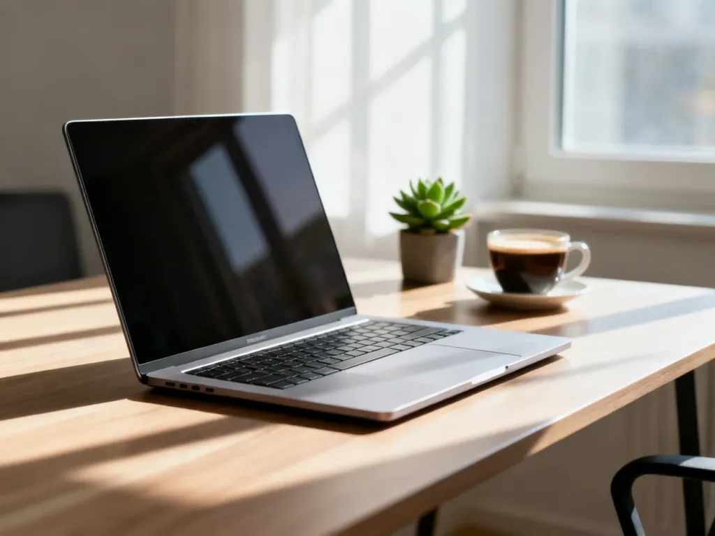 Nowoczesny laptop na biurku w jasnym domowym biurze, gotowy do codziennej pracy.