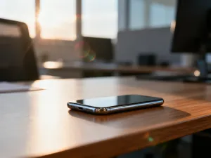 Nowoczesny smartfon z rozbitym ekranem leżący na ciemnym biurku, symbolizujący utratę urządzenia i sytuację awaryjną.
