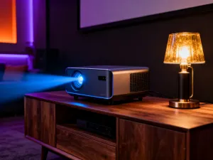 Inteligentny głośnik Google Home Mini z włączonym podświetleniem, stojący na nowoczesnym drewnianym biurku.