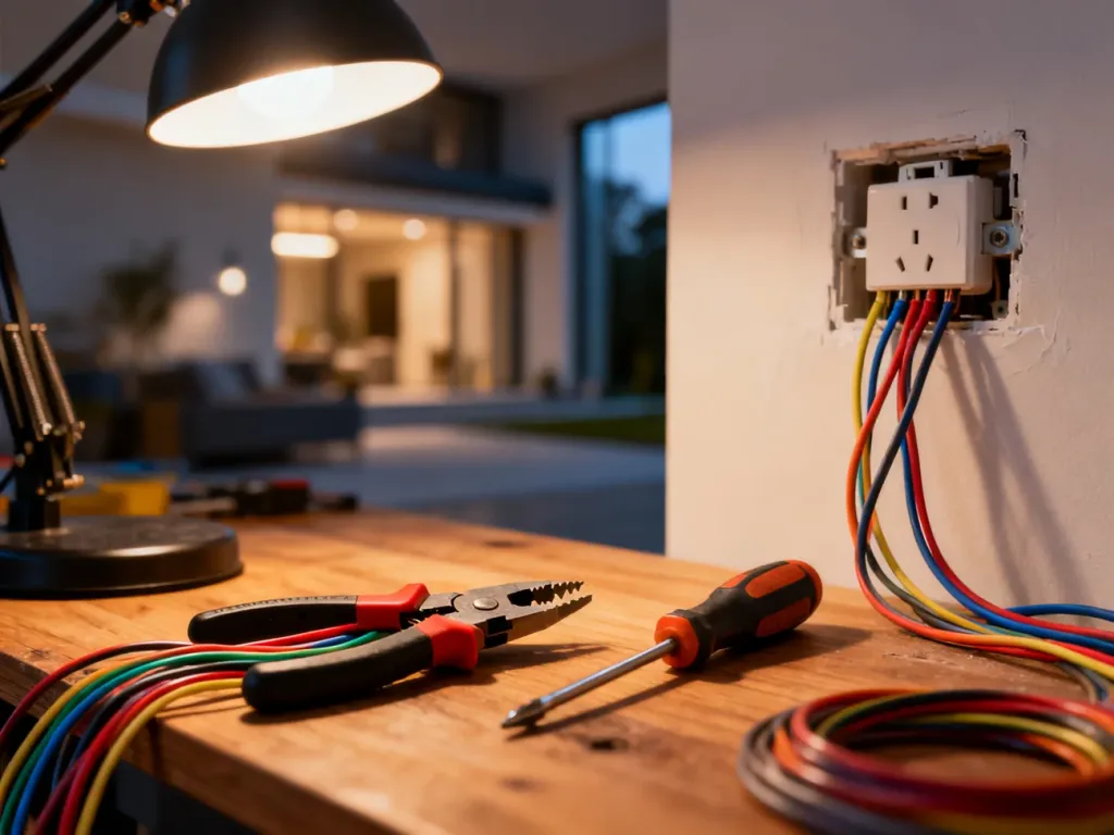 Profesjonalne narzędzia elektryczne i kolorowe przewody przygotowane do prac instalacyjnych na drewnianym blacie.