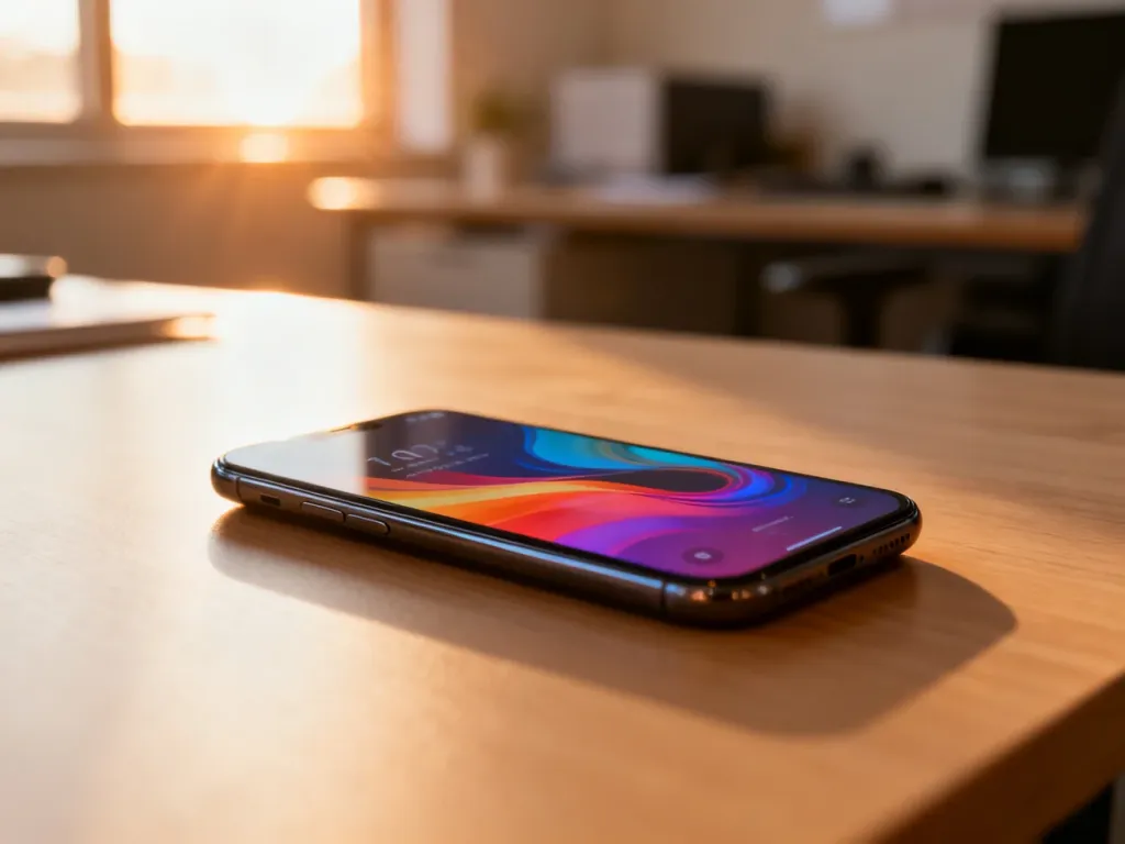 Nowoczesny smartfon z kolorowym interfejsem systemu Android leżący na drewnianym biurku w słonecznym biurze.