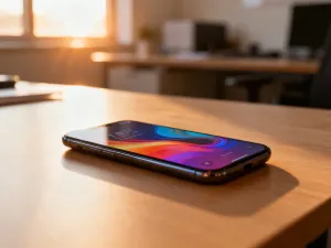 Smartfon Huawei Mate 20 Pro leżący na biurku w otoczeniu różnych modeli etui ochronnych.