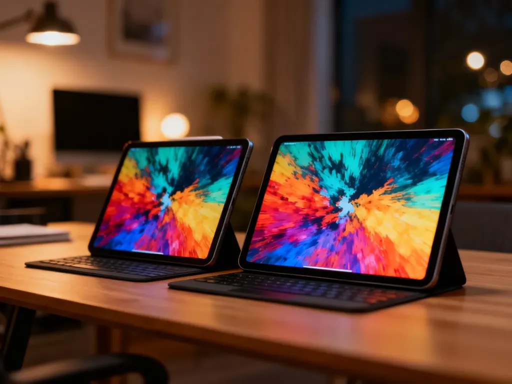 Dwa nowoczesne tablety Huawei i Samsung leżące obok siebie na drewnianym biurku, prezentujące kolorowe tapety.
