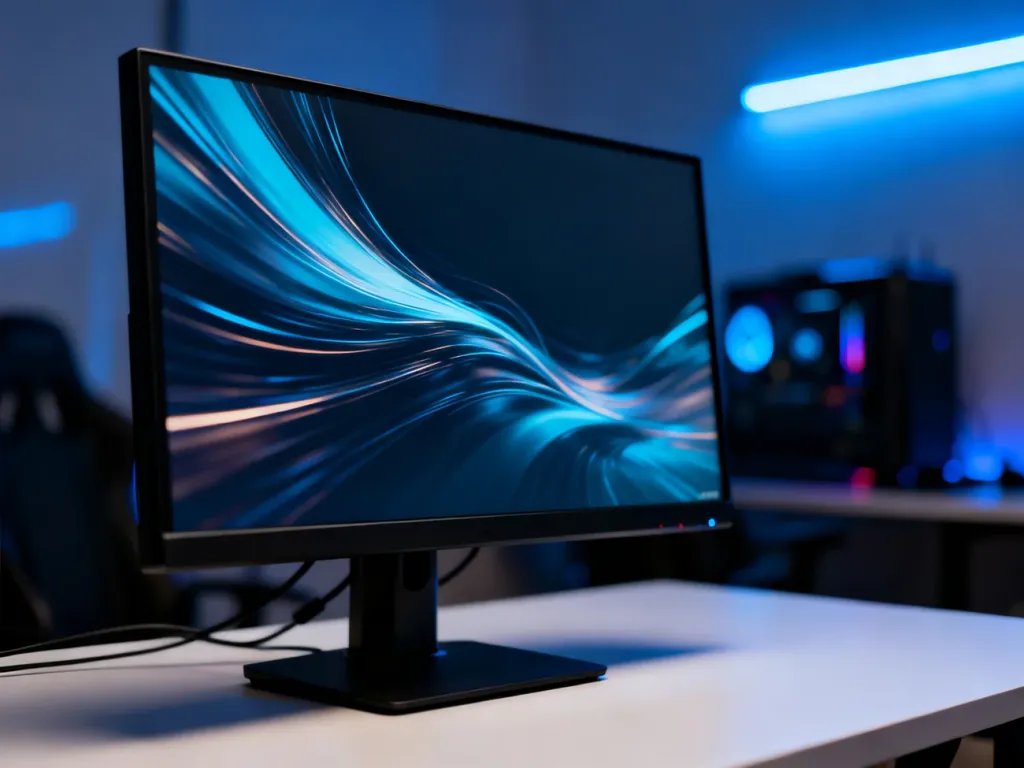 Nowoczesny monitor gamingowy LG z kolorową tapetą na biurku w pokoju z niebieskim podświetleniem LED.