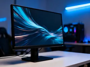 Nowoczesny telewizor z wyłączonym podświetleniem Ambilight w przyciemnionym salonie.