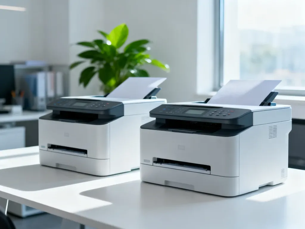 Dwie nowoczesne drukarki ustawione obok siebie na minimalistycznym biurku, porównujące design urządzeń Canon i HP.