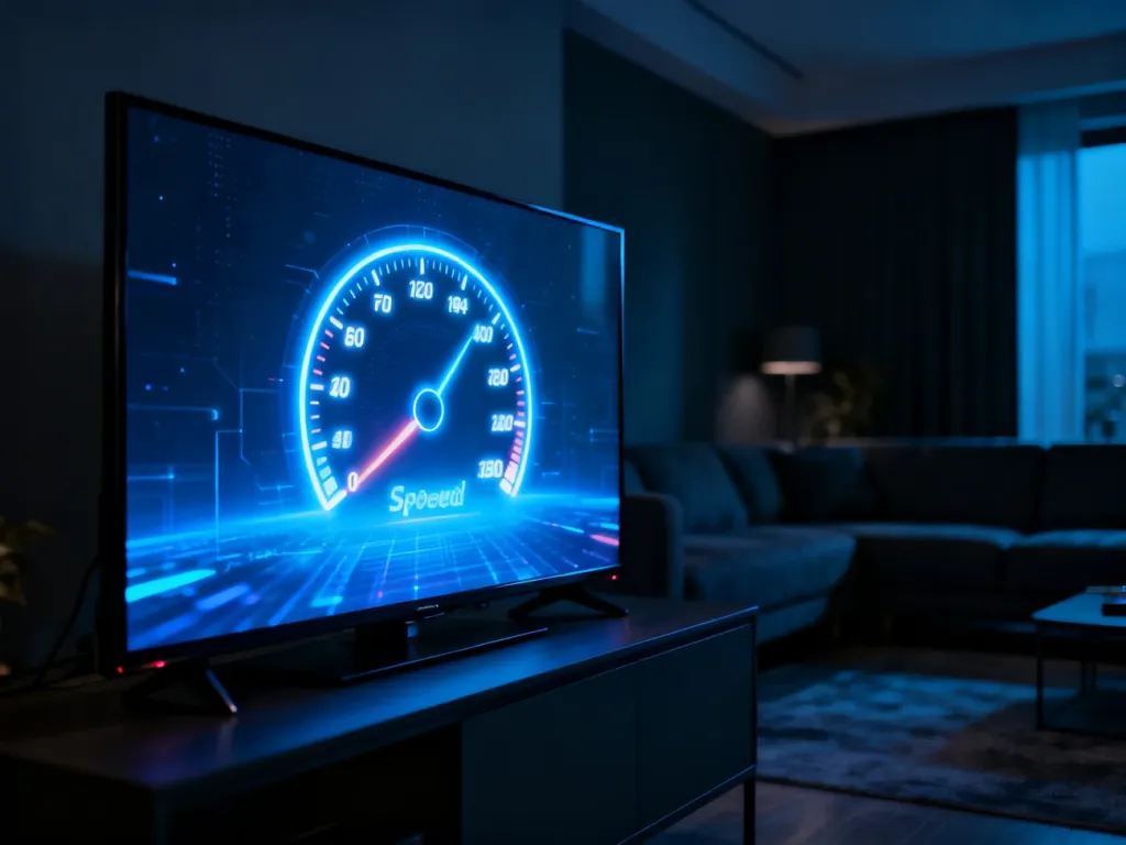 Ekran telewizora z cyfrowym wskaźnikiem prędkości internetu, symbolizujący szybkie połączenie sieciowe.