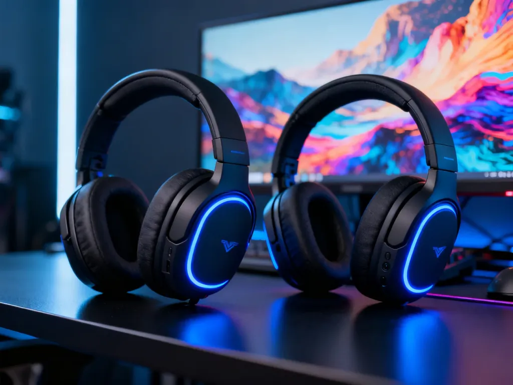 Bezprzewodowe słuchawki PS4 Gold i Platinum ustawione obok siebie na nowoczesnym biurku gamingowym.