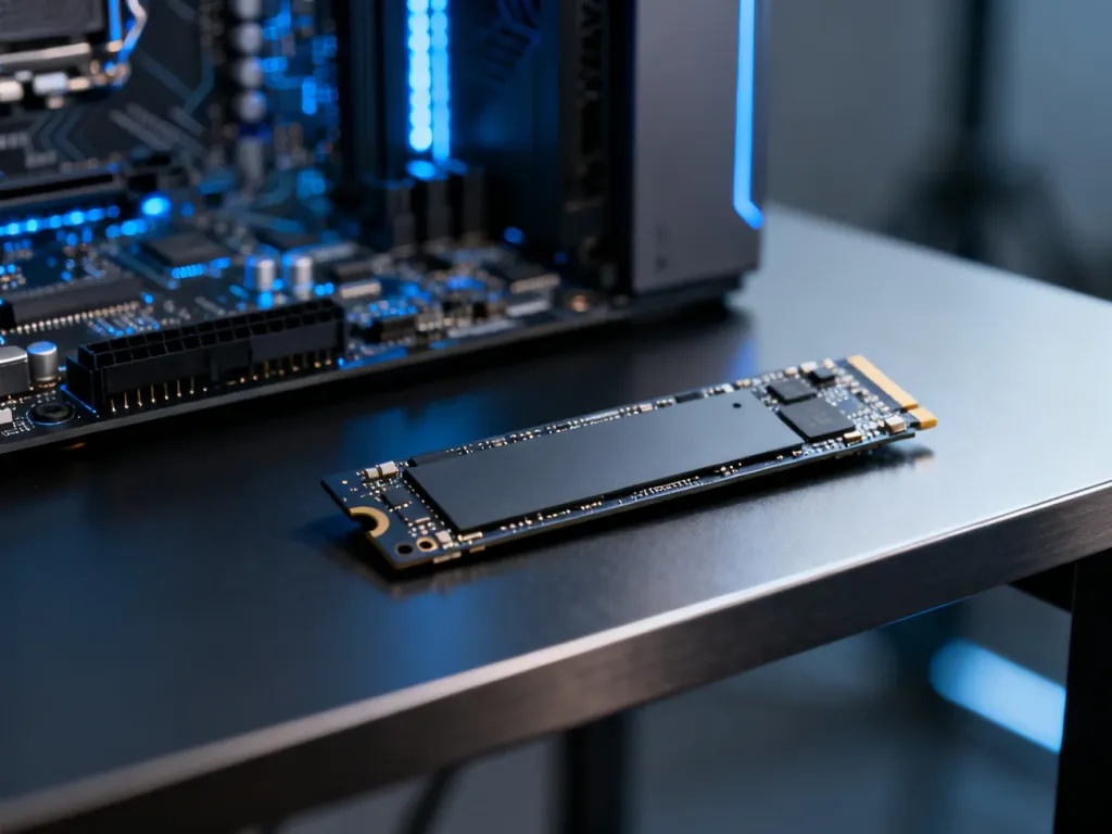 Nowoczesny dysk SSD M.2 na tle płyty głównej komputera, ilustrujący temat pojemności pamięci w codziennym użytkowaniu.