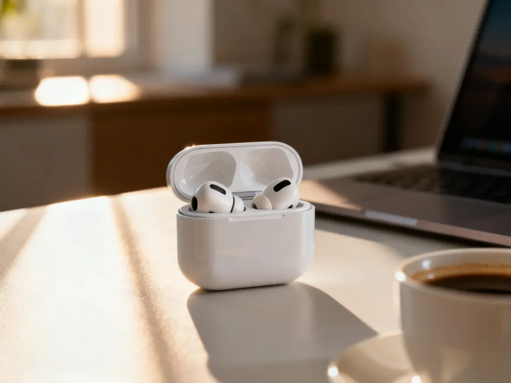 Otwarte etui ładujące ze słuchawkami Galaxy Buds 2 Pro na biurku w domowym biurze.
