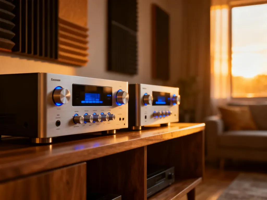 Dwa nowoczesne amplitunery Onkyo i Yamaha ustawione obok siebie na drewnianej szafce w przytulnym salonie.