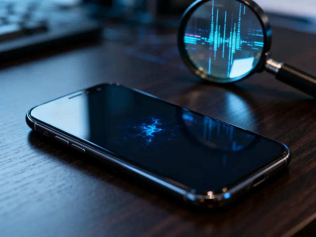 Nowoczesny smartfon na biurku w otoczeniu cyfrowych zakłóceń, symbolizujący proces wykrywania podsłuchu w telefonie.