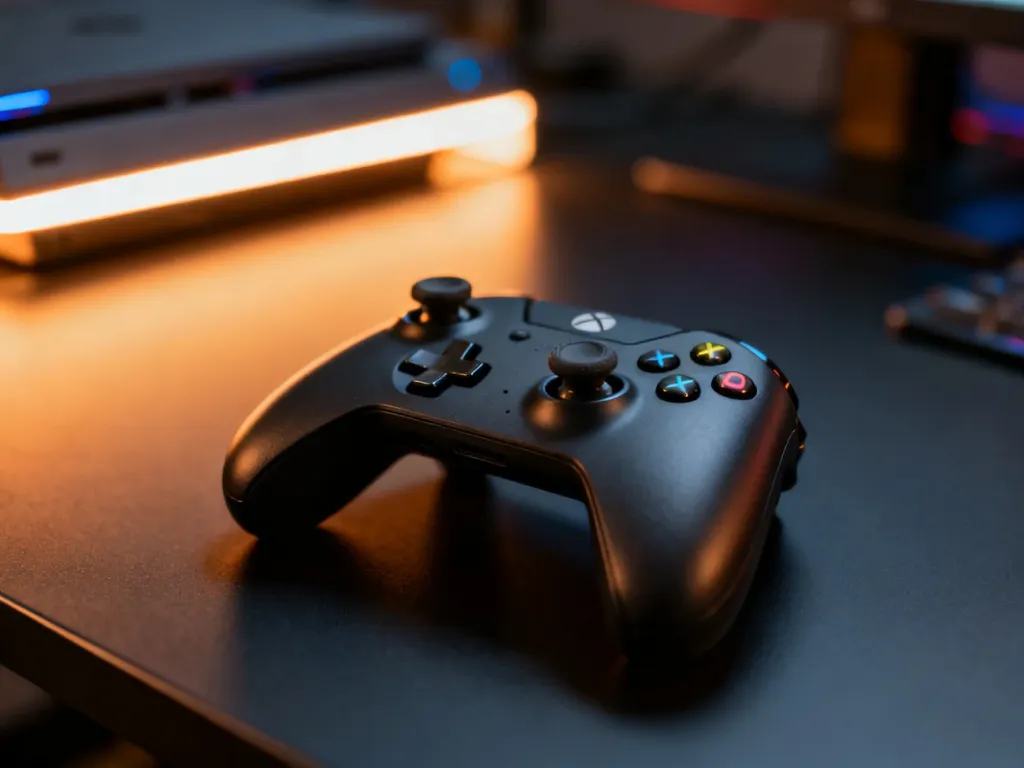 Nowoczesny kontroler do konsoli PS5 spoczywający na biurku w nastrojowym oświetleniu LED.