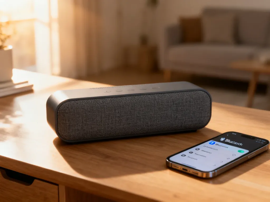 Głośnik przenośny Denon Envaya mini obok smartfona z otwartym menu ustawień Bluetooth na drewnianym biurku.