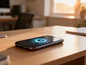 Nowoczesny hub smart home na drewnianym stole, emitujący niebieskie światło symbolizujące lokalną łączność.