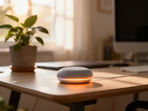 Nowoczesny robot sprzątający odkurza drewnianą podłogę w jasnym, minimalistycznym salonie w promieniach porannego słońca.