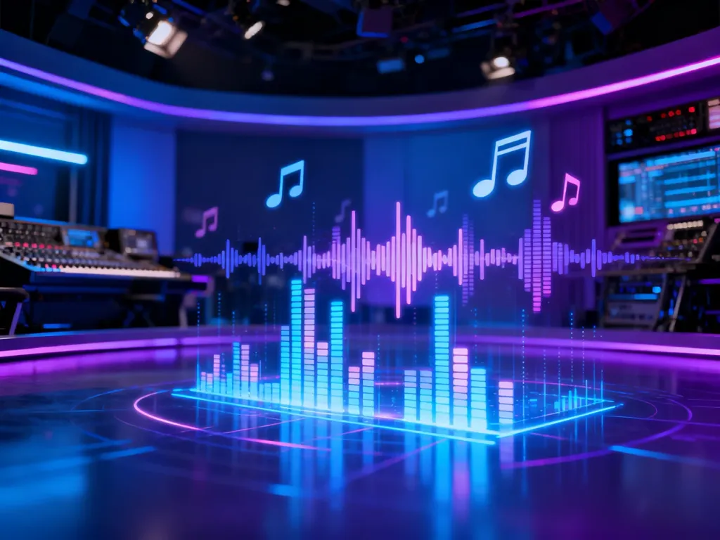 Nowoczesne studio telewizji muzycznej z neonowym oświetleniem i efektami wizualnymi nawiązującymi do dźwięku.