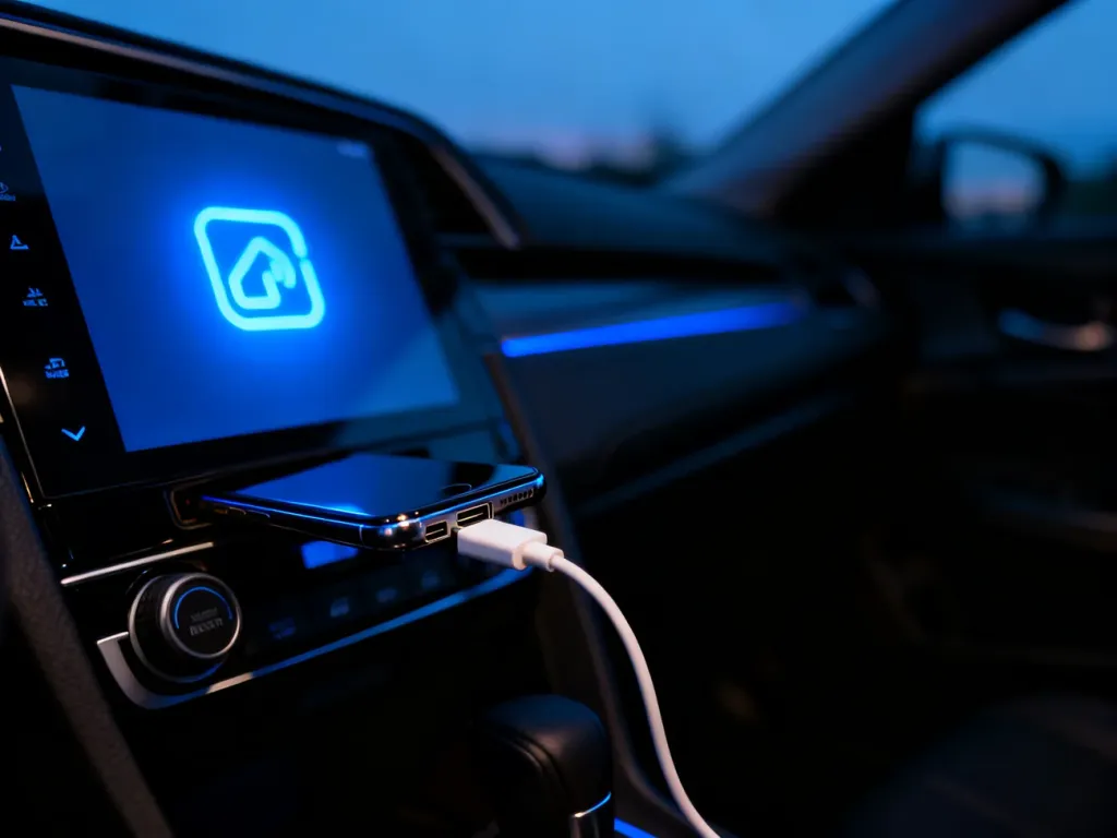 Smartfon podłączony kablem USB do samochodowego systemu multimedialnego w wieczornej scenerii.