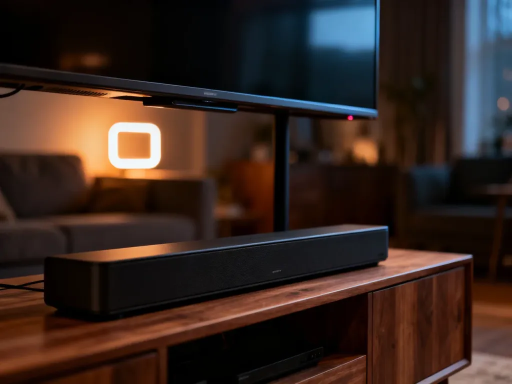 Elegancki soundbar umieszczony pod telewizorem w przytulnym salonie, tworzący zestaw kina domowego.