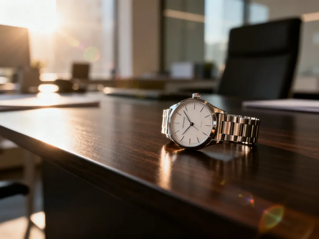 Elegancki zegarek analogowy z metalową bransoletą na drewnianym biurku, symbolizujący klasyczną alternatywę dla smartwatcha.