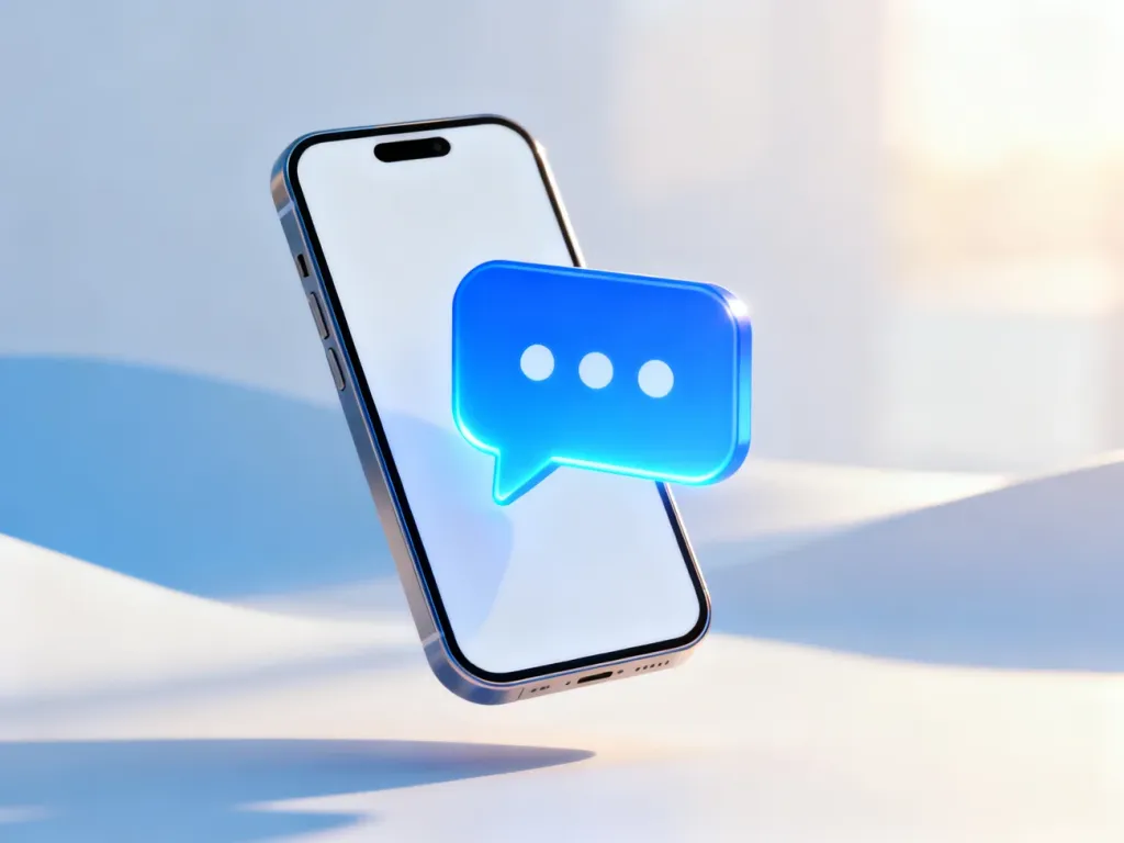 Nowoczesny interfejs smartfona z ikoną niebieskiej dymki czatu, symbolizujący działanie komunikatora iMessage.
