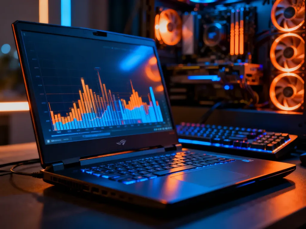 Nowoczesny laptop gamingowy z podświetleniem neonowym, prezentujący wydajność graficzną w profesjonalnym stanowisku gracza.