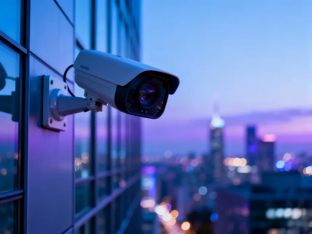 Nowoczesna kamera monitoringu IP zamontowana na elewacji biurowca na tle rozmytych świateł wieczornego miasta.