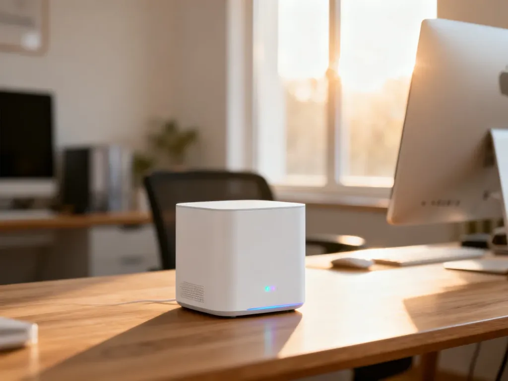 Nowoczesny biały router mesh na drewnianym biurku w jasnym, domowym biurze.