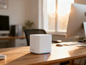 Inteligentny głośnik Google Home Mini z włączonym podświetleniem, stojący na nowoczesnym drewnianym biurku.