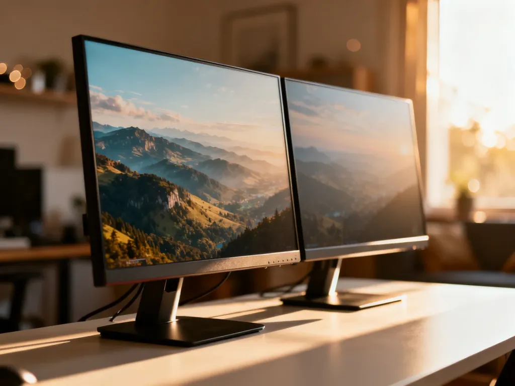 Dwa 27-calowe monitory ustawione obok siebie, prezentujące różnicę w ostrości obrazu między rozdzielczościami 1080p i 1440p.