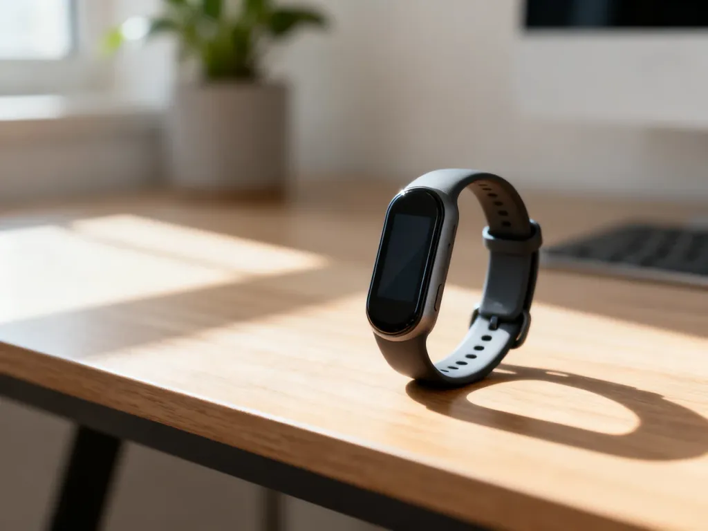 Opaska fitness Huawei Band 2 leżąca na drewnianym biurku w świetle poranka.