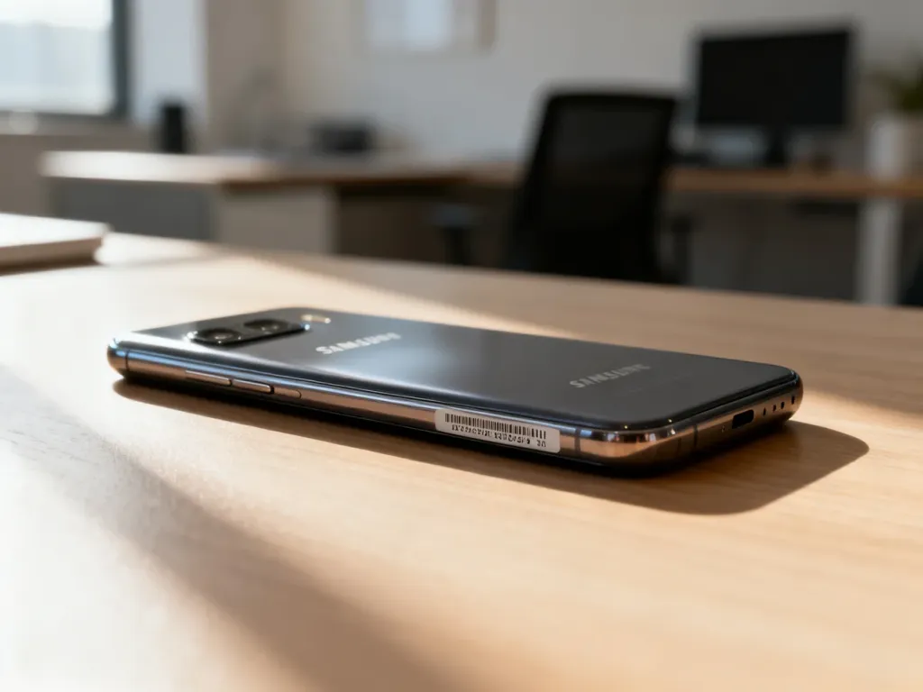 Zbliżenie na tylną obudowę smartfona Samsung leżącego na drewnianym biurku, ukazujące miejsce z numerem seryjnym urządzenia.