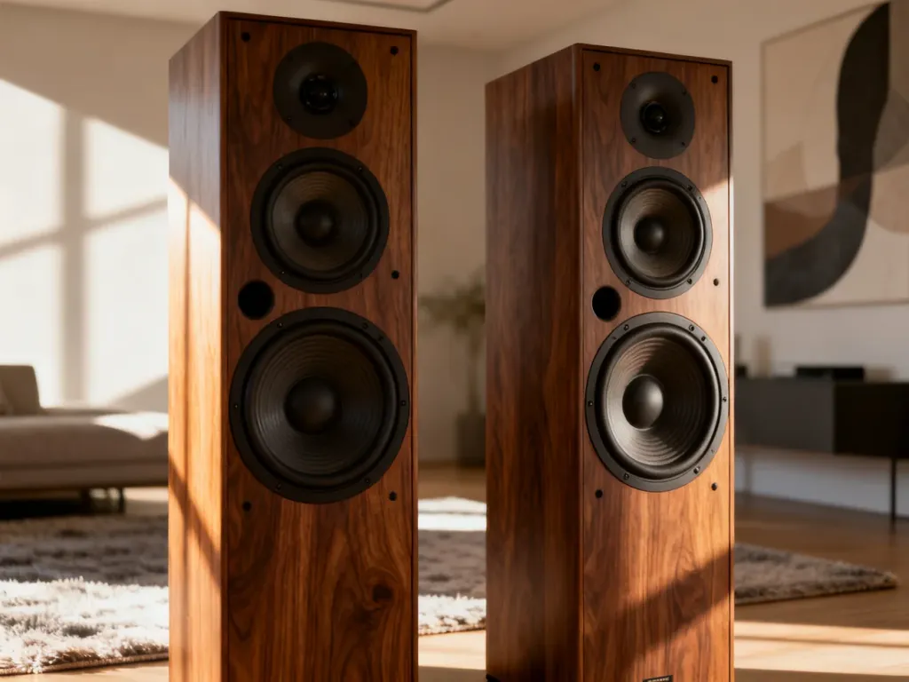 Dwie kolumny podłogowe Monitor Audio z serii Bronze w nowoczesnym salonie, prezentujące detale wykończenia i jakość wykonania.