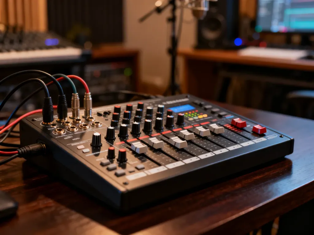 Kompaktowy mikser audio Behringer Xenyx 802 z podłączonymi kablami na drewnianym biurku w domowym studiu nagraniowym.