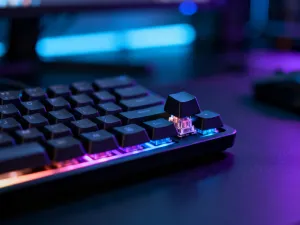 Zbliżenie na podświetlaną klawiaturę mechaniczną z wyraźnie widocznymi polskimi znakami w profesjonalnym biurowym otoczeniu.