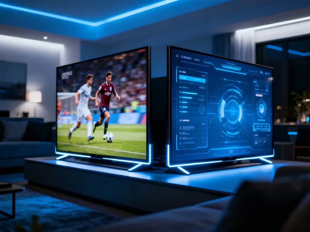 Dwa nowoczesne telewizory obok siebie: lewy z rozmytym obrazem sportowym, prawy z wyraźnym interfejsem cyfrowym.