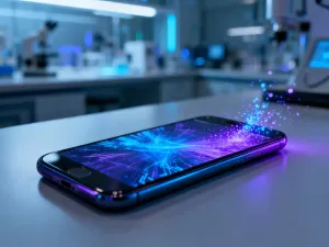 Nowoczesny smartfon leżący na drewnianym biurku w słonecznym biurze, gotowy do sprawdzenia specyfikacji urządzenia.